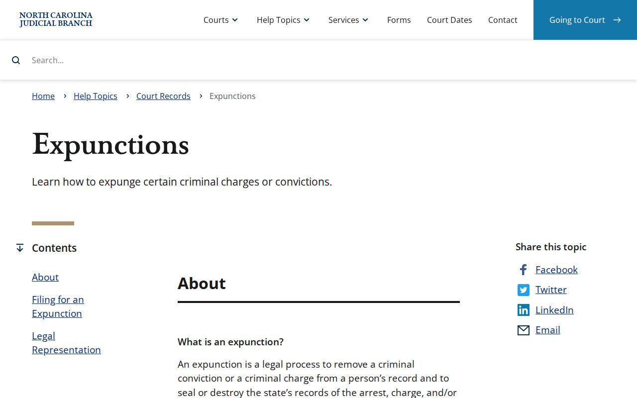 North Carolina Judicial Branch expunction guidance source